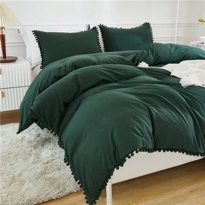 Pom Pom Fringe Duvet Cover Set Soft Washed Microfiber Dark Green NWT